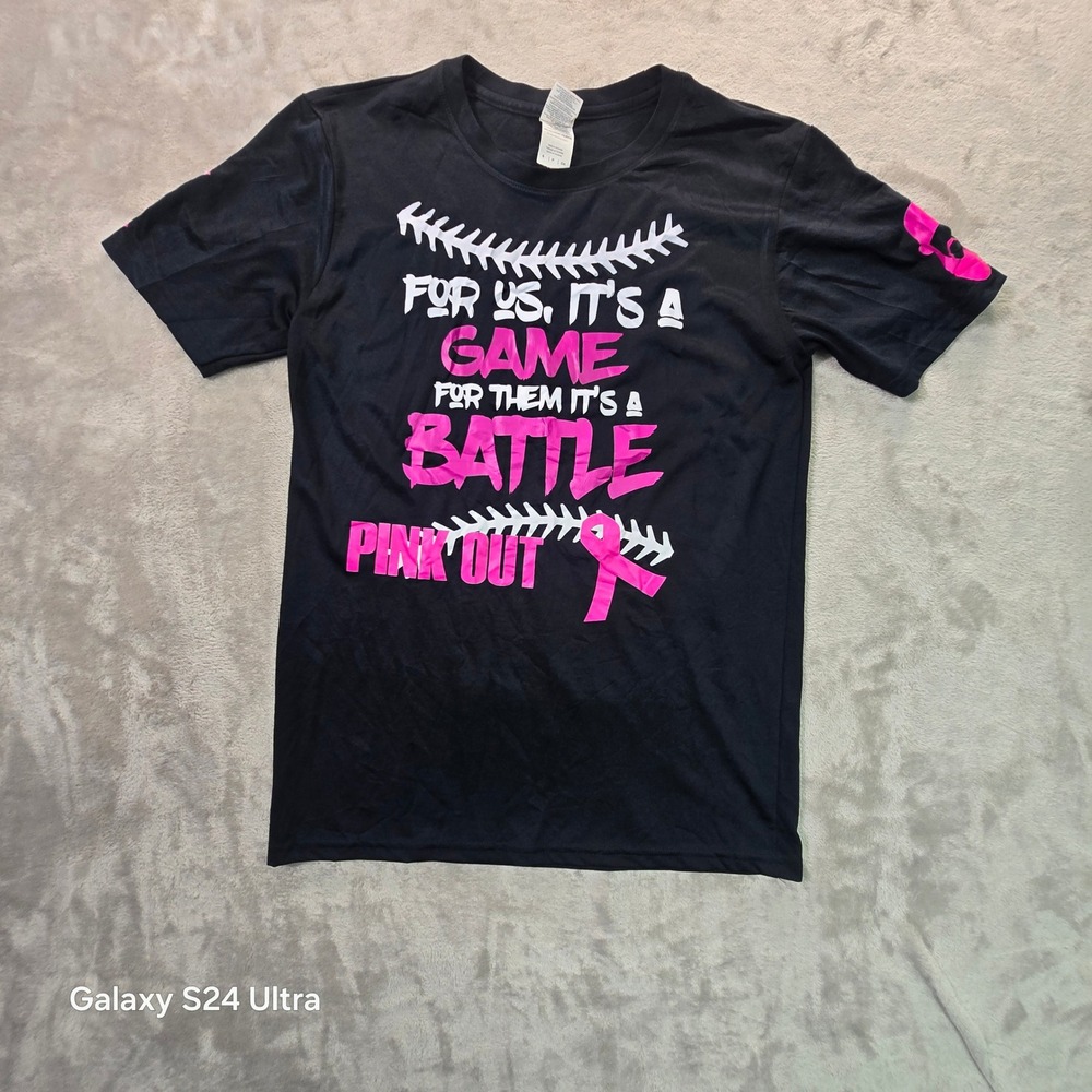 Gildan Pink Out Breast Cancer Awareness Baseball T-Shirt Black Mens Small #5